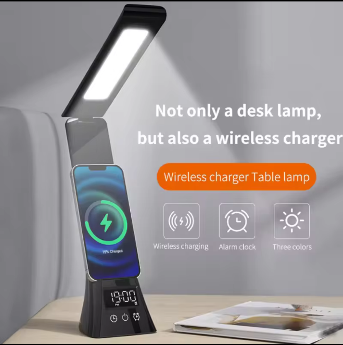 Lampe LED Pliable 180° – Chargeur Sans-Fil QI + Écran Digital + 3 Couleurs & Intensité réglable