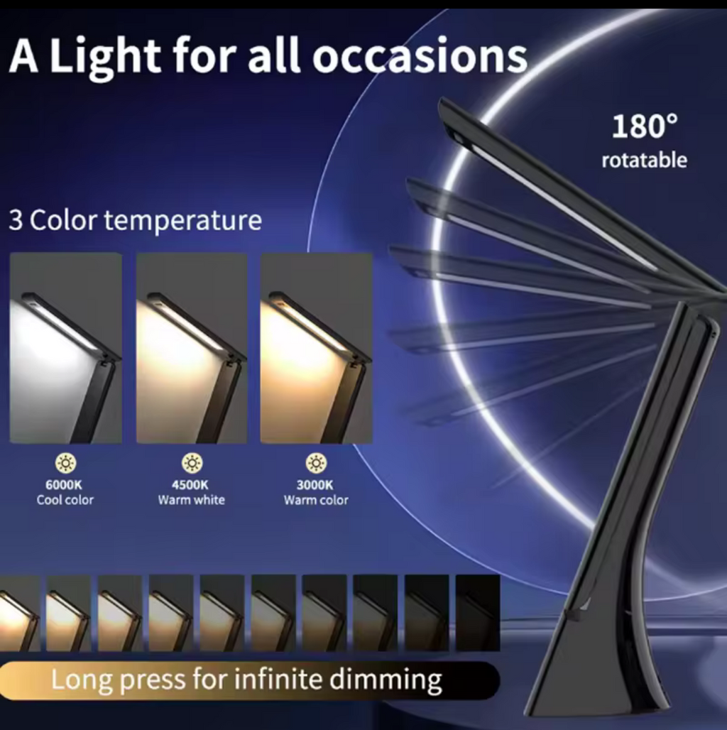 Lampe LED Pliable 180° – Chargeur Sans-Fil QI + Écran Digital + 3 Couleurs & Intensité réglable