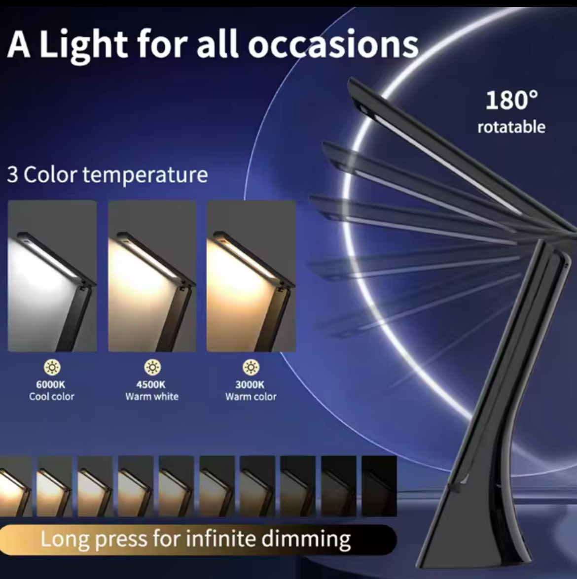 Lampe LED Pliable 180° – Chargeur Sans-Fil QI + Écran Digital + 3 Couleurs & Intensité réglable