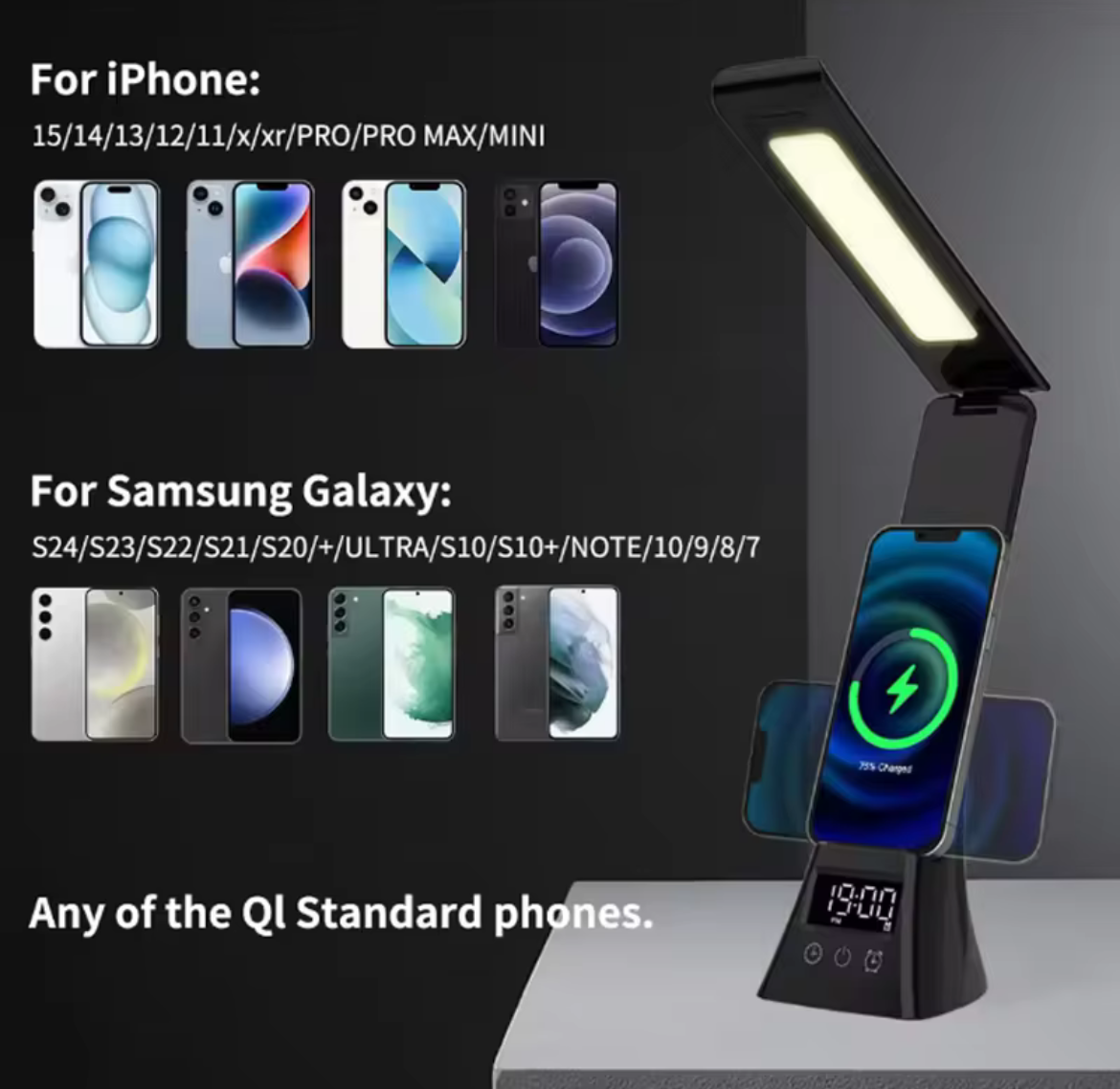 Lampe LED Pliable 180° – Chargeur Sans-Fil QI + Écran Digital + 3 Couleurs & Intensité réglable